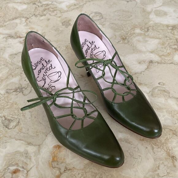 John Fluevog Teapots Darjeeling Leather Pumps Heels Olive Green - Picture 3 of 15